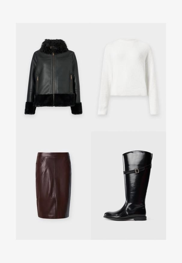 Veste en cuir noir avec un col et des poignets en fausse fourrure, avec une fermeture éclair et deux poches avant zippées. Texture de surface lisse.; Pull en jersey blanc à manches longues, avec un col rond, doté d'une coupe légèrement cropped et d'un tissu texturé.; Jupe crayon en cuir marron à texture lisse, avec deux poches latérales et des détails de couture à l'avant, conçue pour une coupe ajustée.; Botte en cuir noir haute avec un talon bas et une sangle décorative avec boucle en argent autour du haut du mollet.
