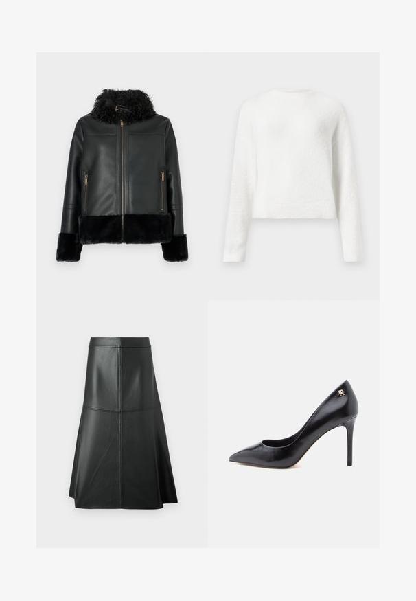 Veste en cuir noir avec un col et des poignets en fausse fourrure, avec une fermeture éclair et deux poches avant zippées. Texture de surface lisse.; Pull en jersey blanc à manches longues, avec un col rond, doté d'une coupe légèrement cropped et d'un tissu texturé.; Jupe trapèze en cuir noir, texture lisse, longueur mi-mollet, avec des détails de couture horizontale à la taille et aux coutures pour un maintien supplémentaire.; Escarpin en cuir noir à talon haut avec un bout pointu, présentant un design ajouré et un petit logo doré sur le talon.