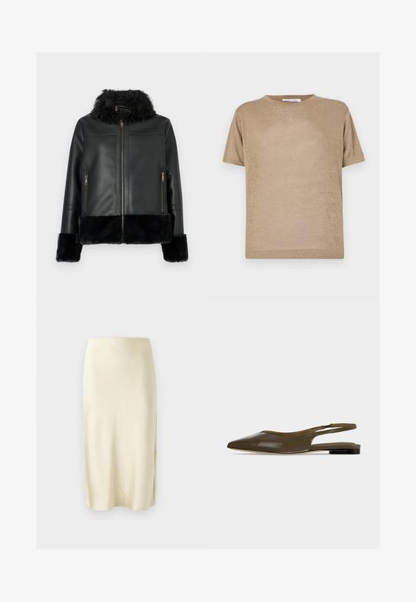 Chaqueta de cuero negro con cuello y puños de piel sintética, con cierre de cremallera y dos bolsillos frontales con cremallera. Textura de superficie lisa.; Camiseta de manga corta de color beige, hecha de tejido ligero, con un cuello redondo y un corte relajado, de textura suave.; Falda midi de satén en amarillo pálido con una textura suave, que presenta una abertura lateral y un diseño de corte recto. Silueta simple y elegante.; Zapato plano de tacón bajo y tira trasera en punta de color verde oliva con acabado liso y brillante.