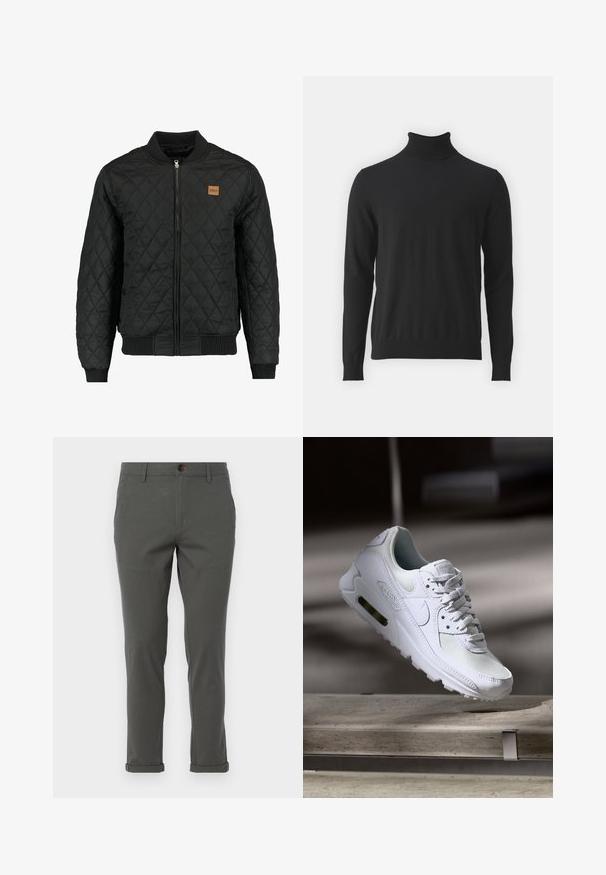 Veste bomber matelassée noire avec fermeture zippée, poignets et ourlet côtelés, et une petite pièce en cuir marron sur la poitrine.; Pull en col roulé noir en tissu doux, doté de manches longues et d'un col côtelé, avec une texture lisse et une coupe ajustée.; Pantalon gris avec une coupe droite, fabriqué en tissu léger, doté d'un ourlet roulé et d'une fermeture à un seul bouton à l'avant.; Sneaker Nike Air Max 90 blanche avec une tige en mesh et cuir, une boîte à orteils perforée et une unité air visible au talon.