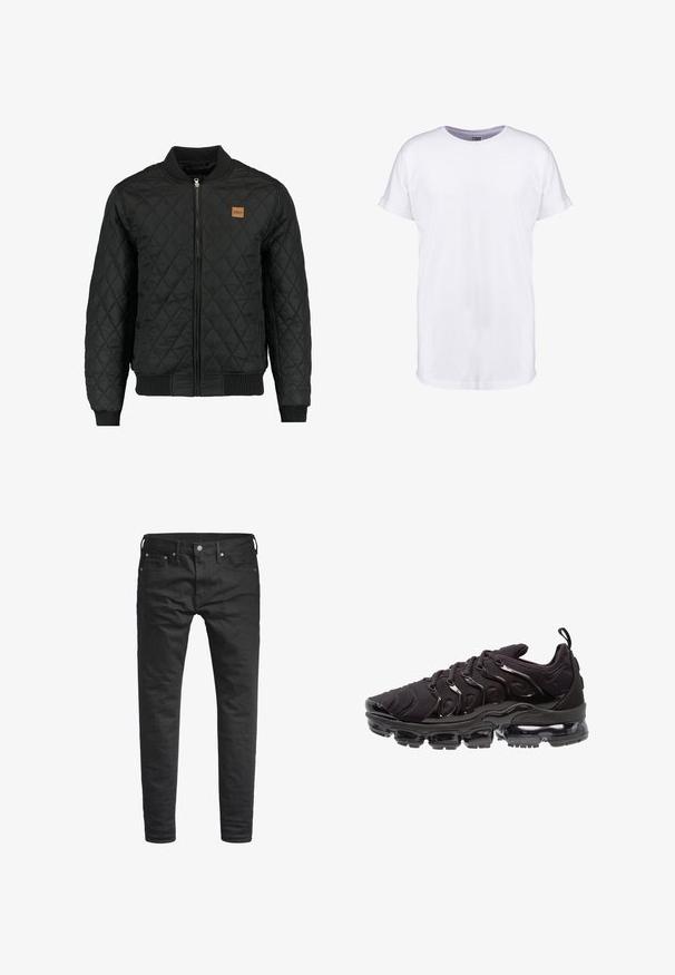 Chaqueta bomber negra acolchada con cierre de cremallera, puños y dobladillo acanalados, y un pequeño parche de logo marrón en el pecho.; Camiseta de algodón blanca con mangas cortas, cuello redondo y un corte relajado. Textura suave y sin patrones ni diseños visibles.; Jeans negros ajustados con bolsillos frontales, cinturas y cierre de botón, exhibidos sobre un fondo blanco.; Zapatillas deportivas negras con una parte superior de tela texturizada, acentos brillantes y una suela prominente con amortiguación de aire. Presenta elementos de diseño en forma de onda distintivos.