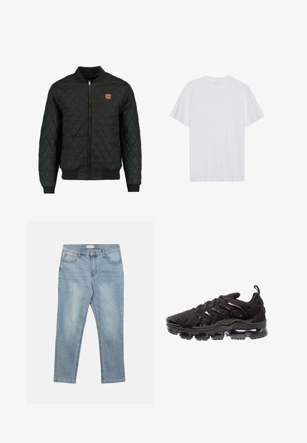 Zwarte gewatteerde bomberjack met een ritsluiting, ribgebreide mouwen en zoom, en een klein bruin logo-opdruk op de borst.; Witte katoenen T-shirt met korte mouwen, een ronde hals en een gladde textuur. Heeft minimale branding op de halslijn.; Lichtblauwe spijkerbroeken met knoop en rits aan de voorkant, riemlussen en vijf zakken, plat gelegd op een witte achtergrond.; Zwarte sportieve schoenen met een gestructureerde stoffen bovenkant, glanzende accenten en een opvallende luchtkussenzool. Bevat duidelijke golfachtige designelementen.
