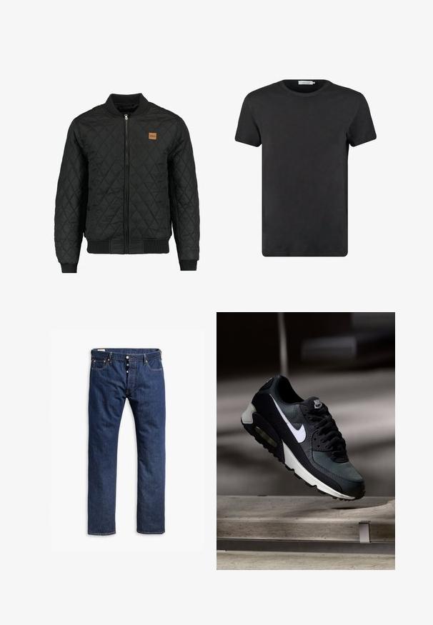 Chaqueta bomber negra acolchada con cierre de cremallera, puños y dobladillo acanalados, y un pequeño parche de logo marrón en el pecho.; Camiseta de algodón negra con cuello redondo y mangas cortas. La tela tiene una textura suave y no presenta patrones ni adornos. Corte regular.; Jeans de mezclilla azul oscuro con un diseño de pierna recta, costuras en contraste, cierre de botón y estilo de cinco bolsillos.; Zapatilla Nike Air Max negra y gris con el logo blanco, suspendida sobre una superficie de cemento contra un fondo oscuro y desenfocado.