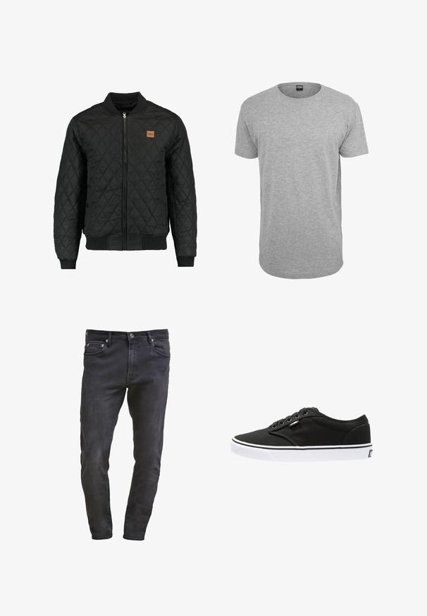 Chaqueta bomber negra acolchada con cierre de cremallera, puños y dobladillo acanalados, y un pequeño parche de logo marrón en el pecho.; Camiseta de algodón gris de cuello redondo con mangas cortas, dobladillo recto y una textura suave; con una mínima marca visible en el cuello.; Jeans de mezclilla negros de corte slim, con diseño de cinco bolsillos, cierre de cremallera y un sutil acabado de desgaste. Textura suave con un acabado de lavado oscuro.; Zapatillas de lona negras con suelas de goma blancas, punta redondeada, cinco ojales, branding mínimo y costuras en blanco y negro.