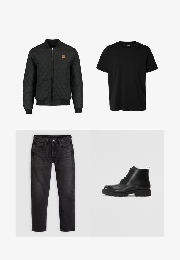 Zwarte gewatteerde bomberjack met een ritsluiting, ribgebreide mouwen en zoom, en een klein bruin logo-opdruk op de borst.; Effen zwarte korte mouwen t-shirt met ronde hals in mannenmodel, zonder zichtbare patronen of logo's aan de voorkant.; Zwarte slim-fit spijkerbroek met vijf zakken, riemlussen en een vooraan geplaatste knoop- en ritssluiting, plat neergelegd op een lichte achtergrond.; Zwarte leren enkellaarzen met een ronde neus, vetersluiting aan de voorkant en een gestructureerde rubberen zool. Voorzien van een trekband op de hak voor eenvoudig aan- en uittrekken.
