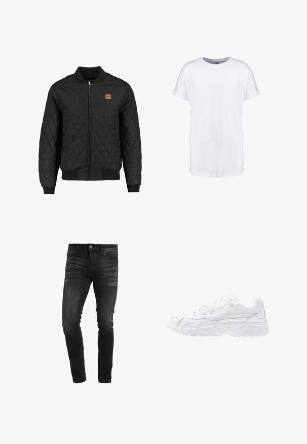 Zwarte gewatteerde bomberjack met een ritsluiting, ribgebreide mouwen en zoom, en een klein bruin logo-opdruk op de borst.; Effen witte T-shirt met korte mouwen, opgerolde manchetten en een ronde hals, afgebeeld op een witte achtergrond.; Zwart denim slim-fit jeans met een verouderde wassing, een ontwerp met vijf zakken en metalen knopen en klinknagels. Soepele textuur.; Nike Sportswear P 6000 - Sneakers laag - white/platinum tint