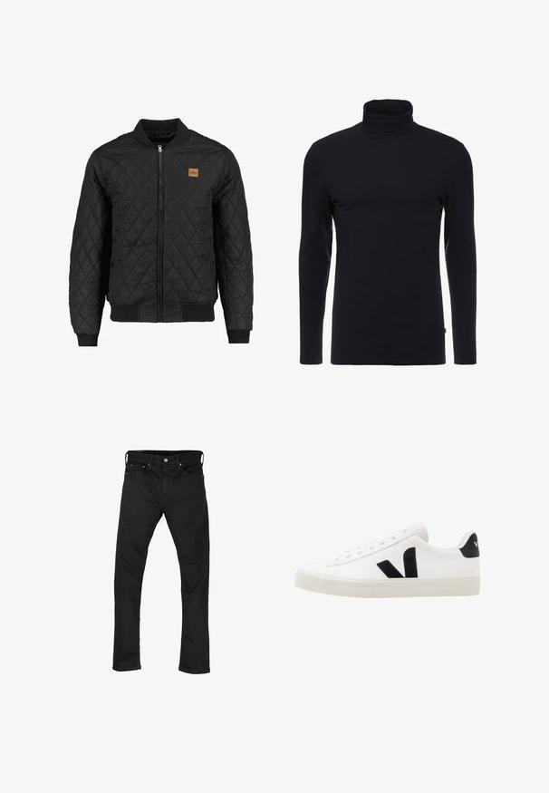 Schwarze gestepfte Bomberjacke mit Reißverschluss, gerippten Manschetten und Saum sowie einem kleinen braunen Logo-Patch auf der Brust.; Schwarzes Langarm-Turtleneck-Shirt aus weichem, dehnbaren Stoff. Verfügt über ein tailliertes Design und eine glatte Textur. Keine sichtbaren Muster oder Akzente.; Schwarze Denim-Jeans mit geradem Bein, im Fünf-Taschen-Stil und mit Metallknopfverschluss. Glatte Textur und einheitliche Farbe im gesamten Material.; Weiße Leder-Sneaker mit schwarzen Wildlederelementen; verfügen über eine Gummisohle, eine runde Spitze und ein klassisches Schnürdesign. Seitliches Logo in Schwarz.