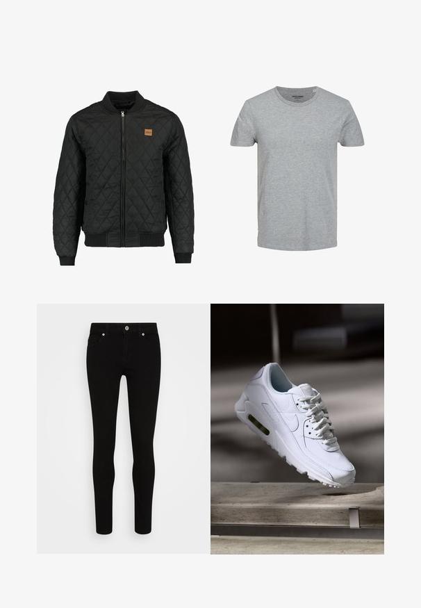 Mustmustatsi musta tikandiga bomber-jakk, millel on tõmbluku sulgemine, soonikkoes mansetid ja alläär ning rindkeres väike pruun logo-patch.; Halli lühikeste varrukatega t-särk, mis on valmistatud pehmest puuvillast. Omab klassikalist ümarat kaelust ja regulaarset lõiget. Lihtne disain, ilma mustrite või aktsentideta.; Mustad mustad teksad, millel on sile tekstuur, viie tasku disain, ees olevale nupule kinnitamine ja sale siluett. Minimalistlik stiil, ilma nähtavate mustriteta.; Valge nahast tennisete õhustuskujuga pinnad, pehmendustega krae ja nähtav õhuklapp tallas. Omab paelu ja minimaliseeritud disaini.
