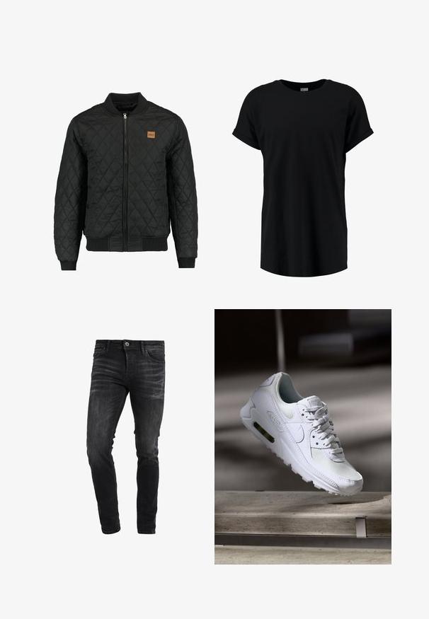 Zwarte gewatteerde bomberjack met een ritsluiting, ribgebreide mouwen en zoom, en een klein bruin logo-opdruk op de borst.; Zwarte korte mouwen t-shirt in een ontspannen pasvorm. Gemaakt van zachte stof met een ronde halslijn en opgerolde mouwen. Soepele textuur, geen patronen.; Zwart denim slim-fit jeans met een verouderde wassing, een ontwerp met vijf zakken en metalen knopen en klinknagels. Soepele textuur.; Witte Nike Air Max 90 sneaker met een bovenwerk van mesh en leer, een geperforeerde teenbox en een zichtbare luchtunit in de hiel.