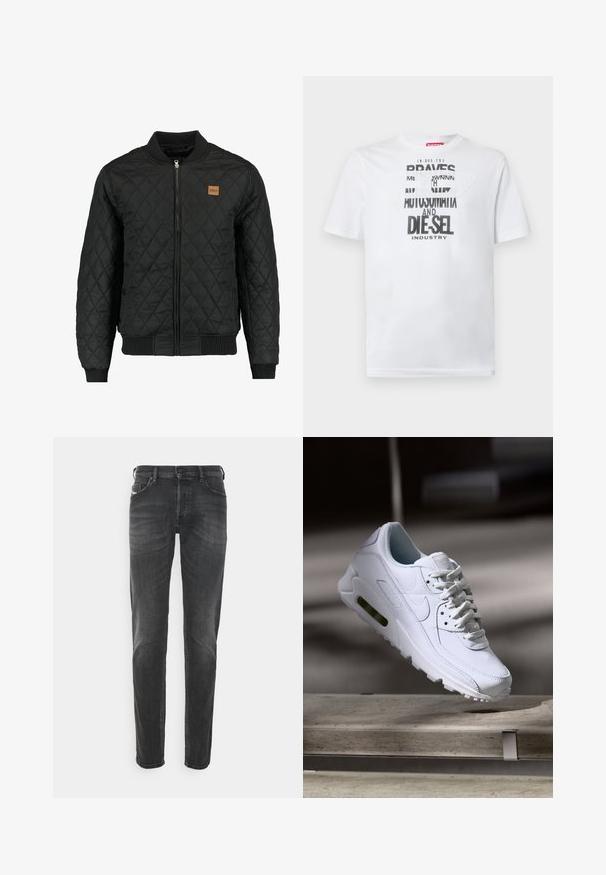 Schwarze gestepfte Bomberjacke mit Reißverschluss, gerippten Manschetten und Saum sowie einem kleinen braunen Logo-Patch auf der Brust.; Weißes Baumwoll-T-Shirt mit fetter schwarzer Typografie und den Worten "BRAVES" und "DIE-SEL INDUSTRY" sowie einem halbtransparenten Cutout-Design.; Schwarze Denim-Jeans mit klassischem geradem Schnitt, subtiler Ausbleichung und Fünf-Taschen-Design mit kontrastierenden Nähdetails.; Weiße Lederturnschuhe mit strukturierten Oberflächen, gepolstertem Kragen und sichtbarer Luftpolsterung in der Sohle. Verfügt über Schnürsenkel und ein minimalistisches Design.