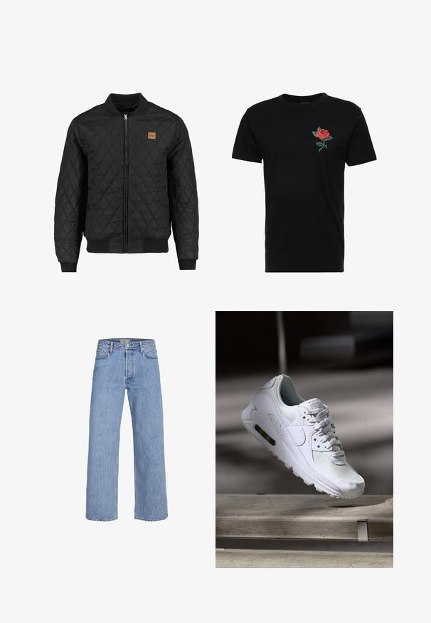 Chaqueta bomber negra acolchada con cierre de cremallera, puños y dobladillo acanalados, y un pequeño parche de logo marrón en el pecho.; Camiseta de algodón negra con bordado de una rosa roja en el lado izquierdo del pecho, con hojas verdes y un diseño clásico de cuello redondo.; Jeans de mezclilla azul claro de pierna ancha con una cintura alta, diseño de cinco bolsillos y detalles de costura sutil. Textura suave y piernas de corte recto.; Zapatilla Nike Air Max 90 blanca con parte superior de malla y cuero, caja de puntera perforada y unidad de aire visible en el talón.