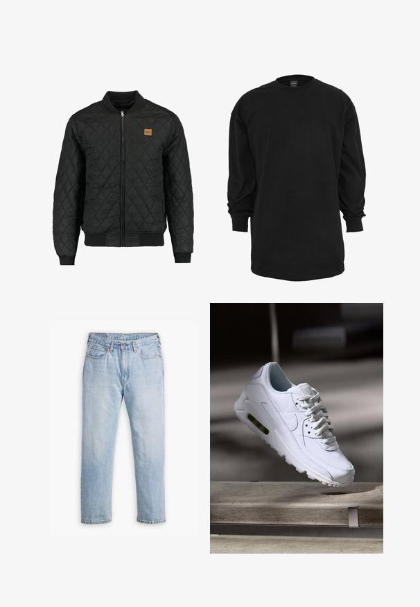 Zwarte gewatteerde bomberjack met een ritsluiting, ribgebreide mouwen en zoom, en een klein bruin logo-opdruk op de borst.; Zwart T-shirt met lange mouwen, gemaakt van katoen. Kenmerkt zich door een ronde halslijn en een reguliere pasvorm. Glad oppervlak zonder zichtbare patronen of accenten.; Lichtblauwe denim jeans met een recht model, vijf zakken en contrasterende stiksels. Knopen- en ritssluiting bij de taille.; Witte leren sneaker met gestructureerde oppervlakken, gevoerde kraag en zichtbare luchtbescherming in de zool. Heeft veters en een minimalistisch ontwerp.