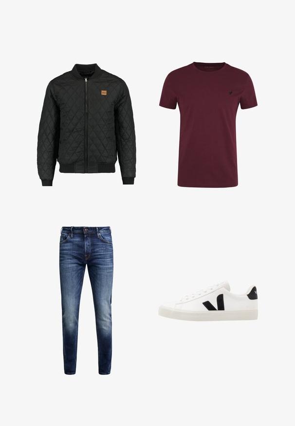 Veste bomber matelassée noire avec fermeture zippée, poignets et ourlet côtelés, et une petite pièce en cuir marron sur la poitrine.; T-shirt bordeaux en coton, avec un col rond, des manches courtes et un petit logo noir sur la poitrine gauche. Texture lisse, coupe standard.; Jean en denim bleu foncé avec une finition délavée, design slim fit, cinq poches et fermeture à bouton en métal. Couture dans une couleur contrastante.; Sneaker blanche en cuir avec des accents en daim noir ; dispose d'une semelle en caoutchouc, d'un bout rond et d'un design classique à lacets. Logo latéral en noir.