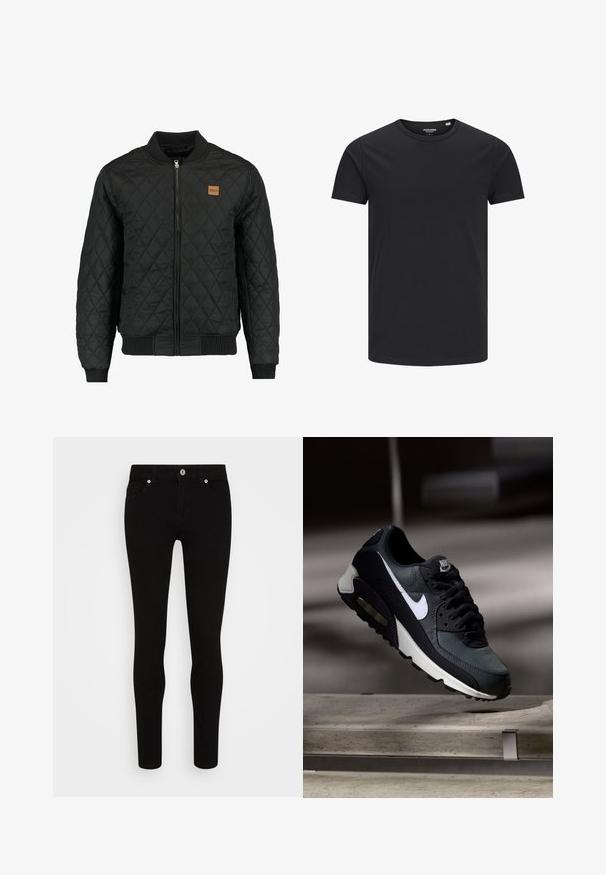 Veste bomber matelassée noire avec fermeture zippée, poignets et ourlet côtelés, et une petite pièce en cuir marron sur la poitrine.; T-shirt en coton noir avec un col rond, des manches courtes et un design simple. Texture lisse, sans motifs ni éléments visibles.; Jean skinny noir avec une texture lisse, conception à cinq poches, fermeture à bouton sur le devant et silhouette épurée. Style minimaliste sans motifs visibles.; Baskets Nike Air Max noires et grises avec un logo blanc, suspendues au-dessus d'une surface en béton sur un fond sombre flou.