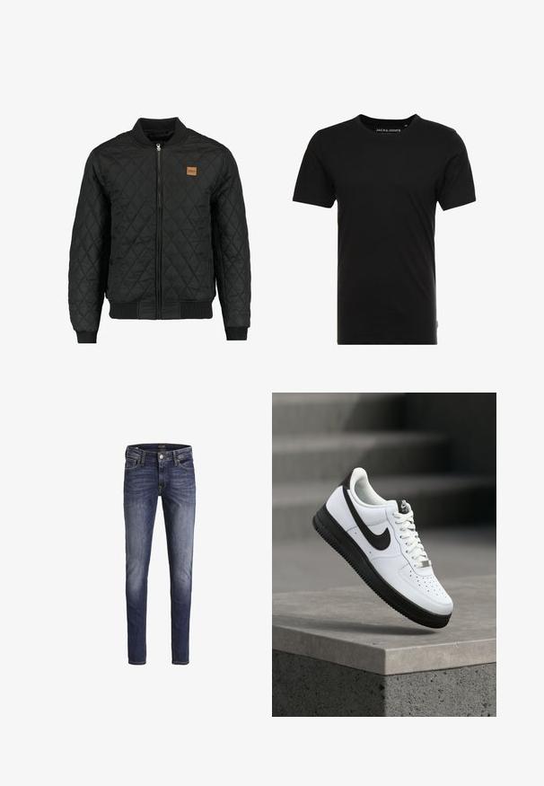 Zwarte gewatteerde bomberjack met een ritsluiting, ribgebreide mouwen en zoom, en een klein bruin logo-opdruk op de borst.; Zwarte T-shirt met korte mouwen, gemaakt van katoen, met een ronde hals en een subtiele logotag aan de zijkant. Eenvoudig en veelzijdig ontwerp.; Donkerblauwe slim-fit jeans met lichte vervaging op dijen en knieën, met voorzakken, riemlussen en een knoopsluiting.; Witte leren sneaker met zwarte accenten, afgeronde neus en geperforeerde details. Zwarte rubberen zool met een gestructureerd patroon en vetersluiting.