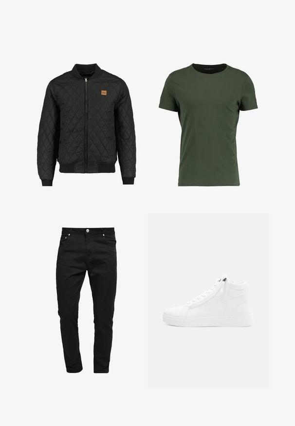 Mustmustatsi musta tikandiga bomber-jakk, millel on tõmbluku sulgemine, soonikkoes mansetid ja alläär ning rindkeres väike pruun logo-patch.; Tume roheline puuvillane T-särk klassikalise ümmarguse kaelusega, lühikeste varrukatega ja sileda tekstuuriga. Lihtne, kaunistusteta disain.; Mustad teksased, slim fit disainiga, viie tasku stiilis, metallnupuga kinnitamine, õmbluste detailide ja siledan tekstuuriga.; Valged kõrge tossud, mis on valmistatud siledast sünteetilisest materjalist. Omavad külgedel lukku, ümmargust kaldumist ja tekstureeritud kummist tallat.
