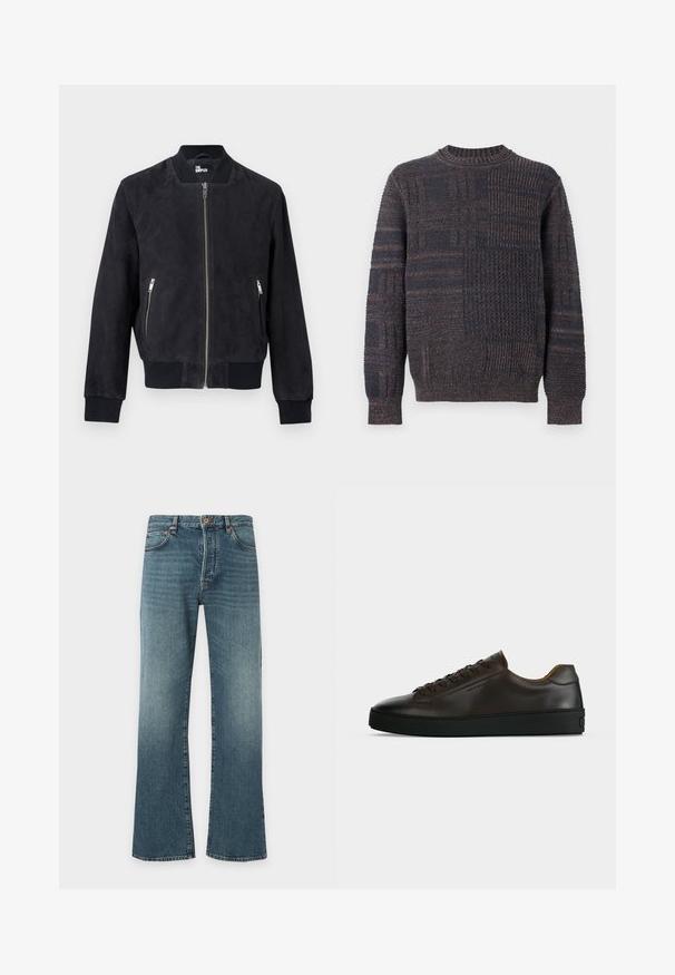 Blouson aviateur en daim noir avec fermeture éclair frontale, poches latérales zippées, col, poignets et ourlet côtelés, marqué à l'intérieur du col.; Pull en maille gris foncé avec motifs texturés variés, manches longues et poignets ainsi qu'ourlet côtelés sur fond blanc.; Jean en denim bleu avec un léger évasement en bas, design classique à cinq poches, fermeture par bouton et fermeture éclair, et légère décoloration sur les cuisses.; Baskets basses en cuir marron foncé avec semelle en caoutchouc noire, lacets à l'avant et design minimaliste épuré sur fond clair.