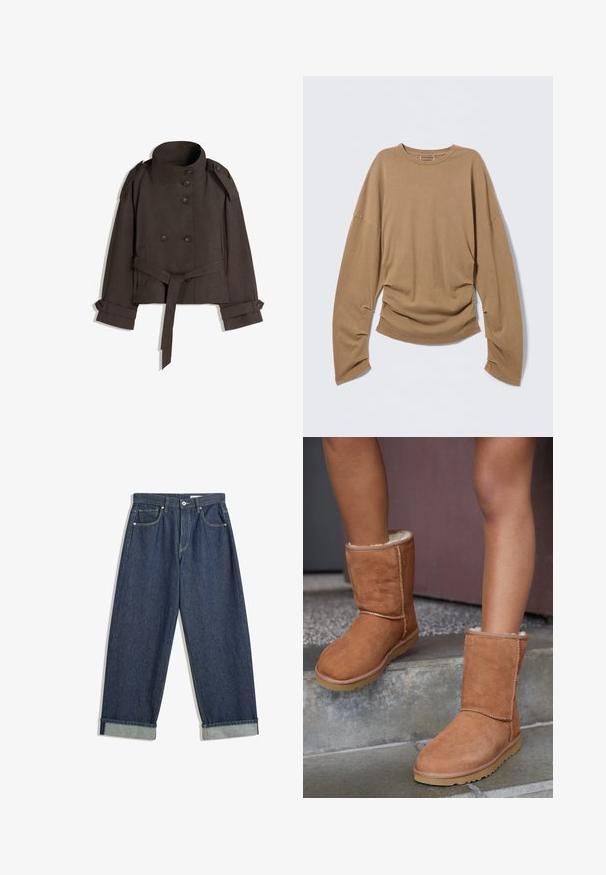 Brun cropped trenchcoat med høj krave, dobbeltknappet lukning, bælte i taljen og knapper ved ærmerne. Glat stof med minimal tekstur.; Brun langærmet skjorte lavet af blødt stof. Har en løs pasform, rund halsudskæring og draperede detaljer i siderne.; Mørkeblå, vide denimbukser med foldede manchetter, frontknap og lynlås, bæltestropper og fem lommer.; Brune ruskind ankelstøvler med rund tå, blødt foer og gummisål, der har synlige stikninger langs sømmene.