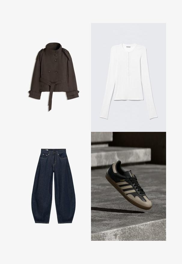 Trench-coat marron coupé court avec col montant, fermeture à double boutonnage, ceinture à la taille et poignets boutonnés. Tissu lisse avec une texture minimale.; Chemise Henley blanche à manches longues avec col rond et une rangée verticale de petits boutons au centre devant.; Jean en denim bleu foncé à jambes larges avec poches avant, passants de ceinture et fermeture par bouton à la taille.; Baskets en cuir noir et beige avec trois bandes blanches, semelle en caoutchouc beige et détail en or "Samba" sur le côté.