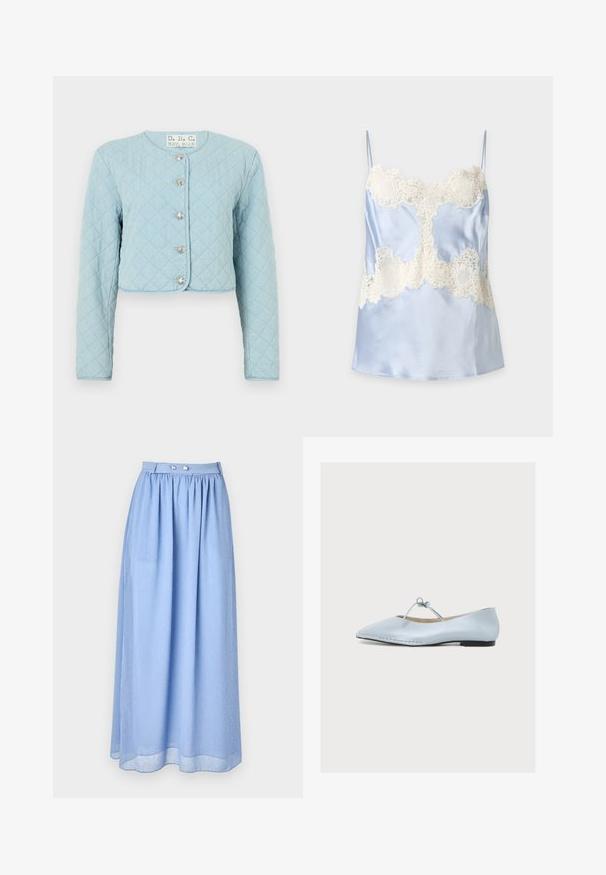 Lysblå quiltet cropped jakke med lange ærmer, der har rund halsudskæring og fem skinnende knaplukninger foran.; Lyseblå satin camisole med hvide blonde detaljer på bryst og talje, med tynde skulderstropper og en glat finish.; Lyseblå maxi-nederdel lavet af gennemsigtig stof med et indsamlet talje, prydet med sølvknapdetaljer og et subtilt mønster af små hvide prikker.; Lyseblå læder balletsko med spids tå, tynd sål og et bundet sløjfebånd over toppen mod en ensfarvet hvid baggrund.
