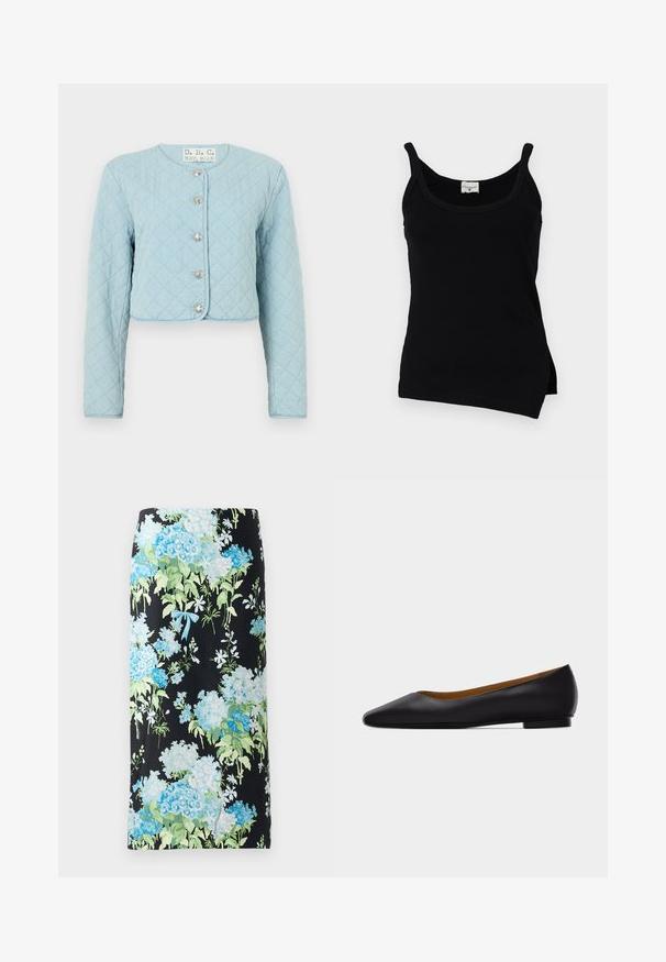Lysblå quiltet cropped jakke med lange ærmer, der har rund halsudskæring og fem skinnende knaplukninger foran.; Sort ribbet tanktop med tynde stropper, buet kant og sideslidser. Stoffet virker glat med en let stræk. Mærkets label er synlig ved halsudskæringen.; Blomstret blyantskirt i sort stof, med store blå og grønne hortensiaer samt små hvide blomster, accentueret med en lyseblå sløjfe.; Sort læder flad sko med spids tå, lav hæl og glat finish, vist fra siden på en lysegrå baggrund.