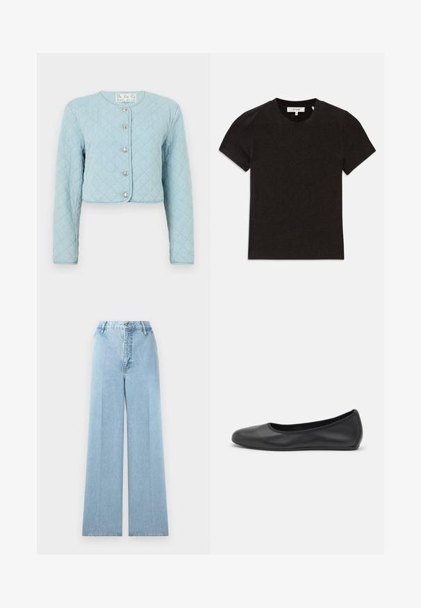 Veste courte en denim bleu clair matelassée avec des manches longues, dotée d'un col rond et de cinq boutons brillants à l'avant.; T-shirt noir à manches courtes en tricot côtelé avec encolure ronde et étiquette de marque visible au niveau du col.; Jeans larges bleu clair en denim avec une taille haute, comprenant cinq passants de ceinture, une fermeture à bouton à l'avant et des coutures cousues.; Ballerines en cuir noir avec un bout rond, texture lisse, détails de couture minimalistes et design de semelle flexible.