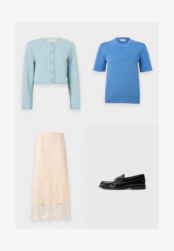 Lysblå quiltet cropped jakke med lange ærmer, der har rund halsudskæring og fem skinnende knaplukninger foran.; Kortærmet blå strikket bluse med rund hals og fin tekstur, vist mod en ensartet hvid baggrund.; Kremfarvet midi-nederdel med indviklet blomsterblonde-overflade og bølget kant, vist fladt på en hvid baggrund.; Sorte læder loafers med rund tå, dekorativ sying og en lille gul accent på vampen. Flad gummisål, slankt design.