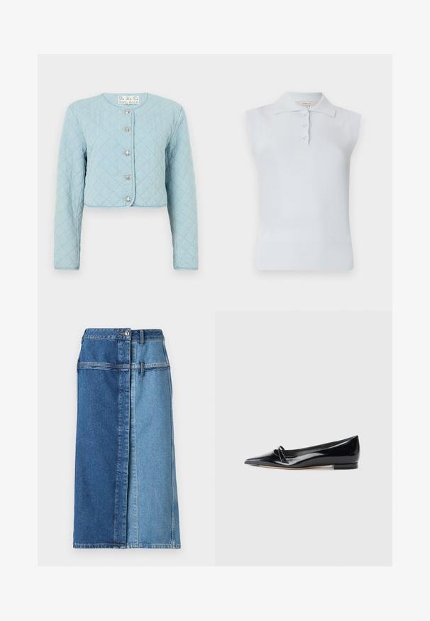 Veste courte en denim bleu clair matelassée avec des manches longues, dotée d'un col rond et de cinq boutons brillants à l'avant.; Top polo sans manches bleu clair avec un col traditionnel, patte de boutonnage à trois boutons et ourlet côtelé. Fabriqué en tissu lisse et doux.; Jupe en denim avec un design bi-ton, présentant du bleu foncé d'un côté et du bleu clair de l'autre, avec un bouton de fermeture et des poches.; Chaussure plate en cuir verni noir avec un bout pointu, une petite lanière décorative et un petit talon carré. Texture lisse et design épuré.