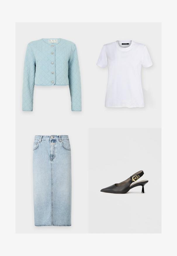 Lysblå quiltet cropped jakke med lange ærmer, der har rund halsudskæring og fem skinnende knaplukninger foran.; Hvid T-shirt med korte ærmer og rund hals med diskret perleudsmykning nær bundkanten på en ensfarvet baggrund.; Lyseblå denimnederdel med lige snit, forlommer, taljebånd med bæltestropper og en længde til knæet. Ingen synlige mønstre.; Sort slingback højhælt sko med spids tå, glat læderstruktur og en guldfarvet spændeaccent på remmen.