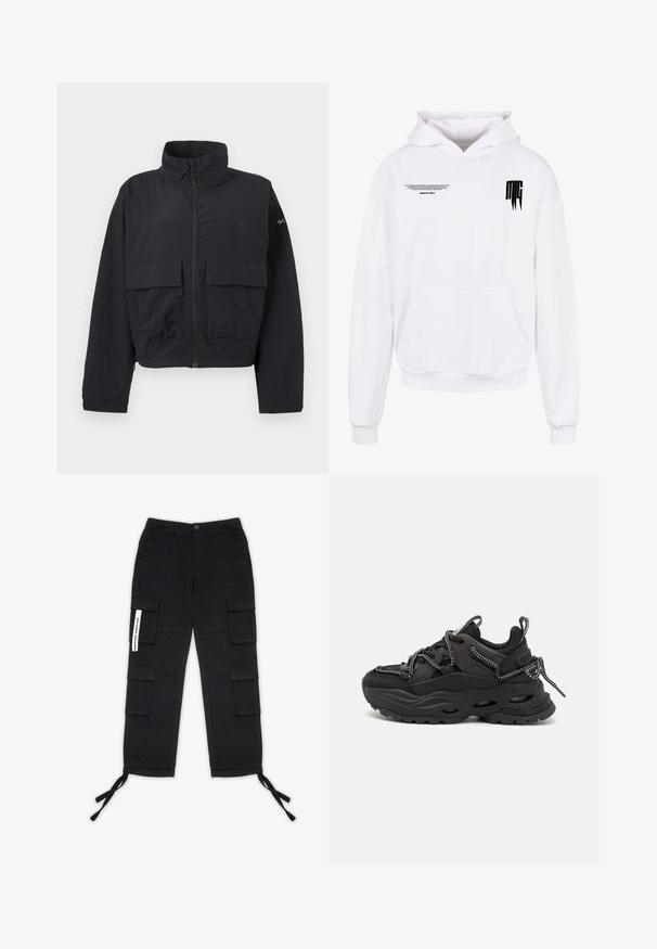 Veste noire à fermeture éclair avec col montant et deux grandes poches frontales à rabat, présentée sur un fond blanc uni.; Haut à capuche blanc en mélange de coton, avec une poche kangourou devant, des poignets côtelés et un texte graphique noir sur la poitrine et la manche.; Pegador TANAMI WIDE PANTS - Pantalon cargo - black; Des chaussures de sport noires avec une tige en tissu texturé, une semelle en caoutchouc épaisse et des détails de lacets contrastants. Comprend un talon renforcé et un marquage.