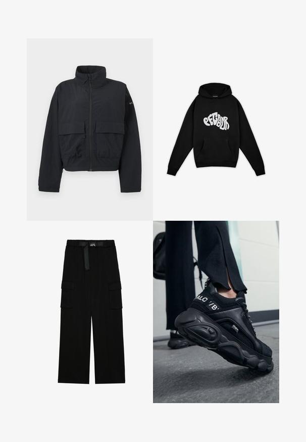 Veste noire à fermeture éclair avec col montant et deux grandes poches frontales à rabat, présentée sur un fond blanc uni.; Pegador PALUMA OVERSIZED HOODIE - Sweatshirt - black; Pantalons cargo noirs avec une coupe large, taille élastique avec une ceinture, et deux grandes poches latérales pour le rangement.; Gros plan d’une personne portant des baskets Buffalo noires à semelles épaisses, debout sur un sol en béton gris, avec un pantalon noir et un sac à dos.