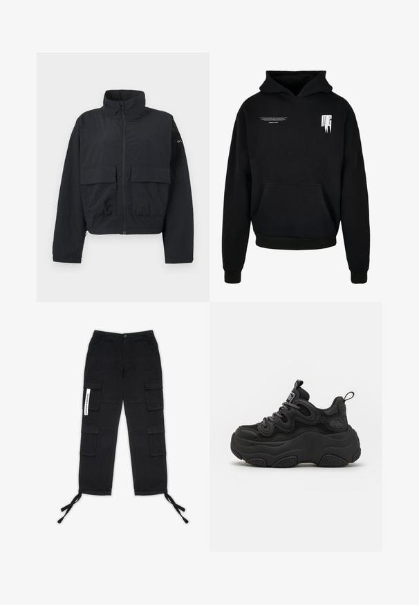 Veste noire à fermeture éclair avec col montant et deux grandes poches frontales à rabat, présentée sur un fond blanc uni.; Sweat à capuche noir avec poche sur le devant, petit texte blanc sur la partie supérieure gauche de la poitrine, et logo stylisé "MG" sur la partie supérieure droite de la poitrine.; Pegador TANAMI WIDE PANTS - Pantalon cargo - black; Baskets noires au design chunky, avec une tige texturée, des panneaux en maille et une semelle en caoutchouc épaisse. Lacets réfléchissants et détails de marque visibles.