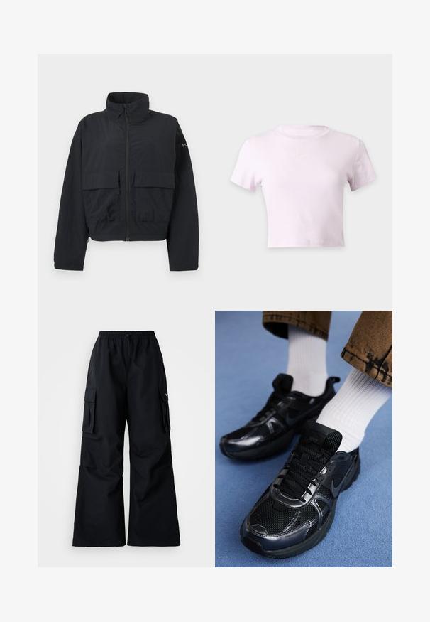 Veste noire à fermeture éclair avec col montant et deux grandes poches frontales à rabat, présentée sur un fond blanc uni.; T-shirt court Nike rose clair avec manches courtes et petit logo Nike swoosh blanc centré sous l’encolure.; Pantalons cargos noirs avec des jambes larges, taille élastique, cordon de serrage ajustable et deux poches latérales. Fabriqués en tissu léger et lisse.; Baskets Nike noires en mesh et matériau synthétique, avec une tige texturée, des lacets noirs et des semelles en caoutchouc durables. Chaussettes blanches côtelées visibles.