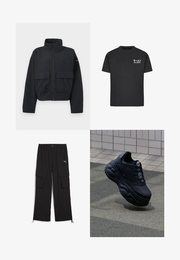 Veste noire à fermeture éclair avec col montant et deux grandes poches frontales à rabat, présentée sur un fond blanc uni.; T-shirt noir en coton avec un col rond. Présente du texte blanc, y compris des caractères japonais et les mots "Slurp Away" sur la zone gauche de la poitrine.; Pantalons cargo noirs avec une conception à jambes larges, taille élastique, deux poches latérales et ourlets à cordon de serrage. Présente un petit logo blanc.; Baskets noires épaisses avec une tige en cuir lisse, semelle surélevée avec des motifs en vagues, et lacets pour un ajustement sécurisé. Marque sur la languette.