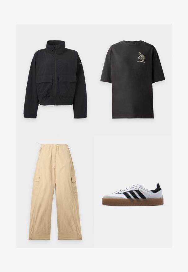 Veste noire à fermeture éclair avec col montant et deux grandes poches frontales à rabat, présentée sur un fond blanc uni.; T-shirt noir à manches courtes avec un petit logo et un graphisme Billabong blanc sur la poitrine. Fabriqué en coton doux avec une coupe décontractée.; Pantalons cargo beiges avec une coupe décontractée, dotés d'une taille à cordon de serrage, de deux poches latérales et d'un tissu lisse et léger.; Baskets en cuir blanc avec des rayures noires, semelle extérieure en caoutchouc beige, bout rond, fermeture lacée et embout en suède gris doux.