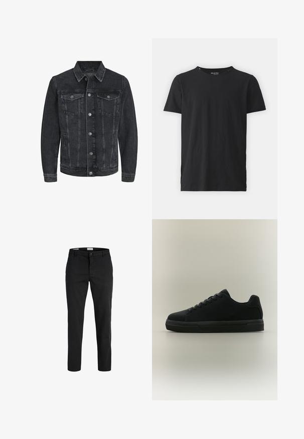Veste en denim noir au design classique avec un col pointu, une fermeture à boutons sur le devant, deux poches poitrine et des poches latérales.; T-shirt en coton noir avec un col rond et des manches courtes. Présente un design épuré sans motifs ni accents. Simple et polyvalent.; Pantalon noir pour homme coupe slim avec fermeture à boutons et fermeture éclair, passants pour ceinture, et jambes droites sur fond blanc.; Baskets basses noires avec lacets, semelle en caoutchouc et finition lisse, présentées de profil sur un fond neutre.