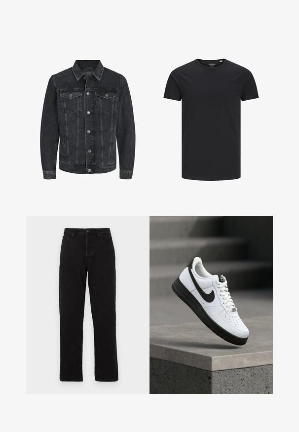 Veste en denim noir au design classique avec un col pointu, une fermeture à boutons sur le devant, deux poches poitrine et des poches latérales.; T-shirt en coton noir avec un col rond, des manches courtes et un design simple. Texture lisse, sans motifs ni éléments visibles.; Jeans en denim noir avec une coupe droite, dotés d'une fermeture à bouton, de passants de ceinture et d'un style à cinq poches classique.; Baskets en cuir blanc avec accents noirs, bout arrondi et détails perforés. Semelle en caoutchouc noire avec motif texturé et fermeture à lacets.