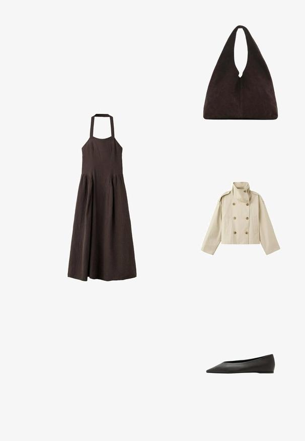 Veste courte beige à double boutonnage avec col montant, épaulettes boutonnées, manches longues larges et deux poches avant.; Robe midi marron sans manches avec un col halter et une jupe froncée, en tissu texturé.; Chaussure plate noire à bout pointu avec un talon bas et une tige en cuir lisse, présentée de profil sur un fond blanc.; Sac à bandoulière triangulaire marron foncé doux avec une poignée large unique en haut et une texture de surface lisse.