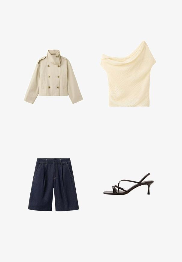 Veste courte beige à double boutonnage avec col montant, épaulettes boutonnées, manches longues larges et deux poches avant.; Écharpe en tissu texturé léger couleur crème, pliée avec de doux drapés et des plis souples sur fond blanc.; Short en jean bleu foncé longueur genou avec poches avant et passants de ceinture, avec des détails de couture jaune visibles.; Sandale noire en cuir à talon haut avec fines lanières, bout ouvert et talon slingback, présentée sur fond blanc.