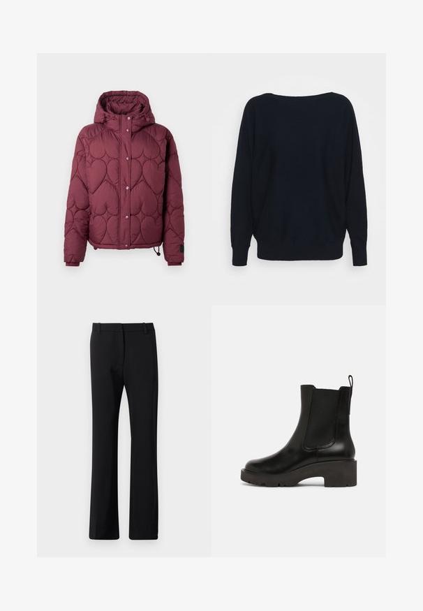 Doudoune bordeaux avec capuche, présentant un design matelassé en forme de cœur, des boutons-pression à l'avant et des poignets élastiques avec cordon de serrage réglable à l'ourlet.; Pull en tricot noir avec un décolleté large, des manches longues, et des poignets et un ourlet côtelés. Couleur unie avec une texture lisse.; Pantalons noirs au design ajusté, fabriqués dans un tissu lisse avec une légère élasticité. Équipés de passants de ceinture et d'une coupe droite.; Bottines en cuir noir avec des panneaux élastiques sur les côtés, bouts ronds et talon en caoutchouc épais pour plus de stabilité. Fini lisse et languette à l'arrière.