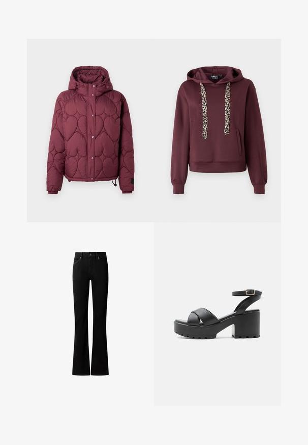 Doudoune bordeaux avec capuche, présentant un design matelassé en forme de cœur, des boutons-pression à l'avant et des poignets élastiques avec cordon de serrage réglable à l'ourlet.; Sweat à capuche bordeaux avec des cordons de serrage en imprimé léopard, une poche centrale et des poignets côtelés. Fabriqué en matière douce et extensible pour un maximum de confort.; Jean noir taille haute avec une taille ajustée, un bouton à l'avant et des jambes légèrement évasées, présenté sur un fond blanc.; Sandale noire à talon épais avec des brides croisées et une boucle de cheville réglable sur une semelle plateforme à crampons.