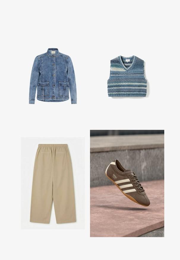 Lys blå denimjakke med krave, frontlukning med knapper og to store påsyede lommer. Har kontrasterende syninger og en afslappet pasform.; Strikket ærmeløs sweatervest med V-hals, der har horisontale striber i nuancer af blå, grå og creme.; Beige bukser med vide ben, elastisk talje og to baglommer, vist fladt på en hvid baggrund.; Brun ruskindssneaker med hvide striber og branding, med rund tå og ydersål af gummibelagt gummi, hængende over en struktureret overflade.