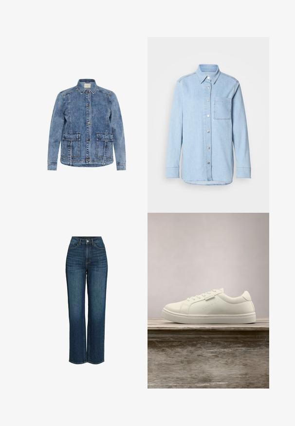 Lys blå denimjakke med krave, frontlukning med knapper og to store påsyede lommer. Har kontrasterende syninger og en afslappet pasform.; Lyseblå denimskjorte med knaplukning foran, spids krave, enkelt brystlomme og lange ærmer med knapmanchetter.; Mørkeblå højtaljede jeans med bred ben-design, lavet af denim, med forreste lommer og en knaplukning med lynlås.; Hvide lædersneakers med snørebånd svævende over en træbænk, grøn høj græs sløret i baggrunden udendørs.