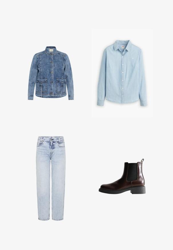Lys blå denimjakke med krave, frontlukning med knapper og to store påsyede lommer. Har kontrasterende syninger og en afslappet pasform.; Lyseblå skjorte med knapper lavet af blødt denimstof. Har en klassisk krave og lange ærmer, med et lille logo på brystet.; Lysblå, højtaljede jeans lavet af denim; med lige ben, forlommer, en knaplukning og minimale falmningsmønstre.; Brune læder ankelstøvle med elastiske sidepaneler, rund tå og en struktureret sort gummisål. Har kontrasterende syninger og en trækflap.