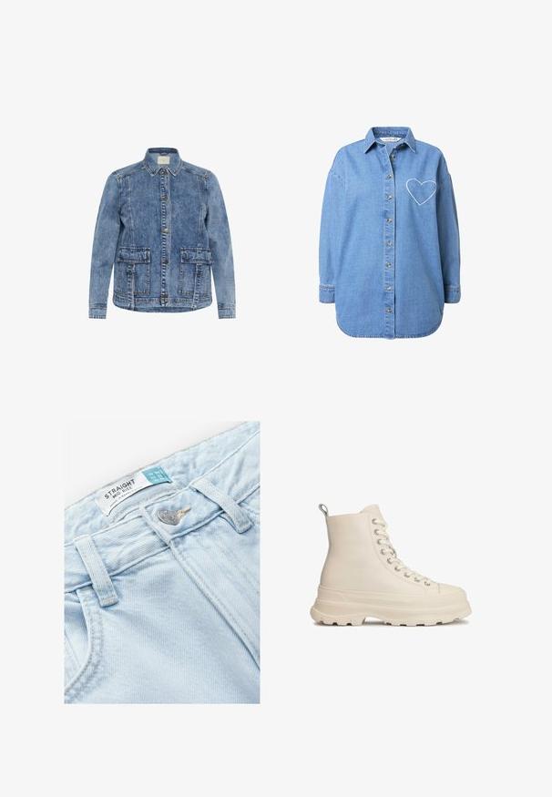 Lys blå denimjakke med krave, frontlukning med knapper og to store påsyede lommer. Har kontrasterende syninger og en afslappet pasform.; Lys blå denimskjorte med lange ærmer, knaplukning og en broderet hjerteomrids på venstre bryst. Klassisk krave; afslappet pasform.; Lyseblå denimbukser med mellem talje, der har en lige pasform, metal lukning og et vævet brandmærke.; Hvide høje sneakers lavet af glat læder, med en tyk gummisål, fremtrædende snøring og en hæl-trækrem for nem påføring.