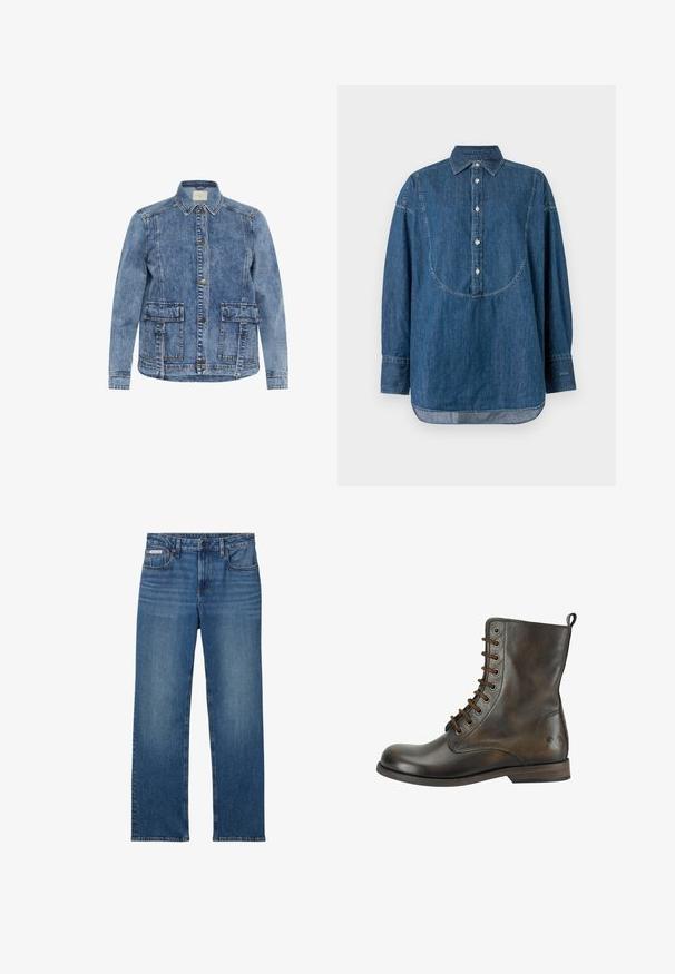 Lys blå denimjakke med krave, frontlukning med knapper og to store påsyede lommer. Har kontrasterende syninger og en afslappet pasform.; Denimskjorte i mørkeblå med krave, knaplukning foran, lange ærmer og en buet sømdetalje over brystet.; Blå straight-leg denim jeans med bæltestropper, knap- og lynlås-lukning samt for- og baglommer, der har et lille Calvin Klein mærke.; Mørkebrune læderankelstøvler med rundet tå, lav hæl, trækketab og præget sommerfuglelogo på siden.