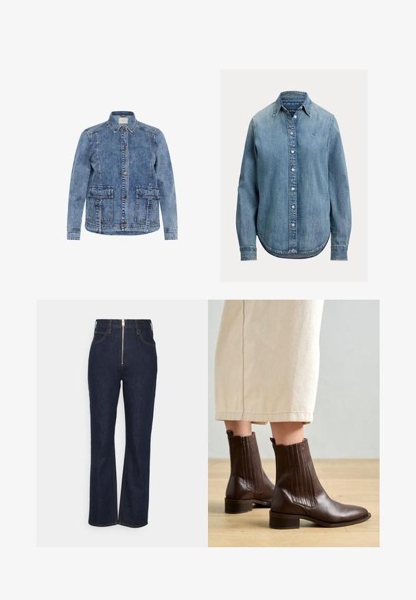 Lys blå denimjakke med krave, frontlukning med knapper og to store påsyede lommer. Har kontrasterende syninger og en afslappet pasform.; Lyseblå denimskjorte med lange ærmer, knaplukning foran og klassisk krave. Har en buet kant og subtil tekstur.; FRAME HIGH EXPOSED ZIP - Jeans Straight Leg - dark blue; Pavement SHANI - Støvletter - brown