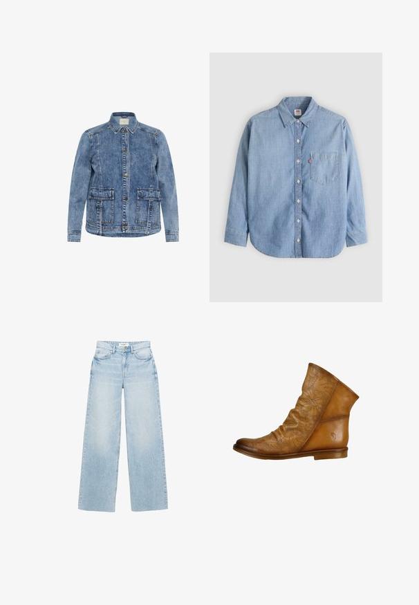 Lys blå denimjakke med krave, frontlukning med knapper og to store påsyede lommer. Har kontrasterende syninger og en afslappet pasform.; Lyseblå denimskjorte med button-down-krave, forlompe og lange ærmer. Har en buet kant og en subtil tekstur.; Lyseblå jeans med vide ben lavet af denim. Har høj talje, fem lommer og lynlås med knappelukning. Let slidt tekstur.; Kastanjefarvet læder ankelstøvle med perforeret blomsterdesign, slouchy form, flad sål og subtil branding på hælen.