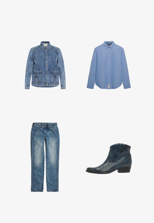 Lichtblauwe spijkerjack met een kraag, voorknoopsluiting en twee grote opgestikte zakken. Heeft contrasterende stiksels en een ontspannen pasvorm.; Lichtblauw overhemd met lange mouwen, knoopsluiting en een button-down kraag, met een klein wit label aan de onderkant vooraan.; Blauwe spijkerbroek met rechte pijpen, knoop en rits aan de voorkant, en twee voorzakken met vervaagde was-details.; Cowboyenklaar met een donkerblauwe leren uitvoerig, met een puntige neus, gebogen accenten en een lage gestapelde hak met subtiele stiksels.