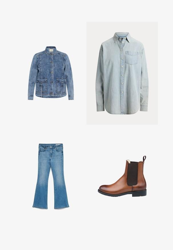 Lys blå denimjakke med krave, frontlukning med knapper og to store påsyede lommer. Har kontrasterende syninger og en afslappet pasform.; Lyseblå denimskjorte med langærmer, knapper foran, en enkelt brystlomme og en spids krave på en ensfarvet hvid baggrund.; Blå denim flared jeans med lys vask, fem-lomme design og syninger. Bukserne går ud fra knæ til kant.; Brune læder Chelsea støvle med elastiske sidepaneler og en trækflig. Har en glat overflade, rund tå og en sort gummisål.